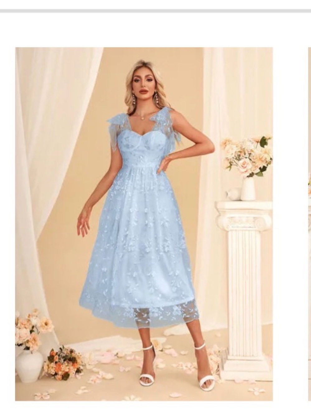 JJs House Light Blue Floral Midi Dress with Sheer Shoulder Ties